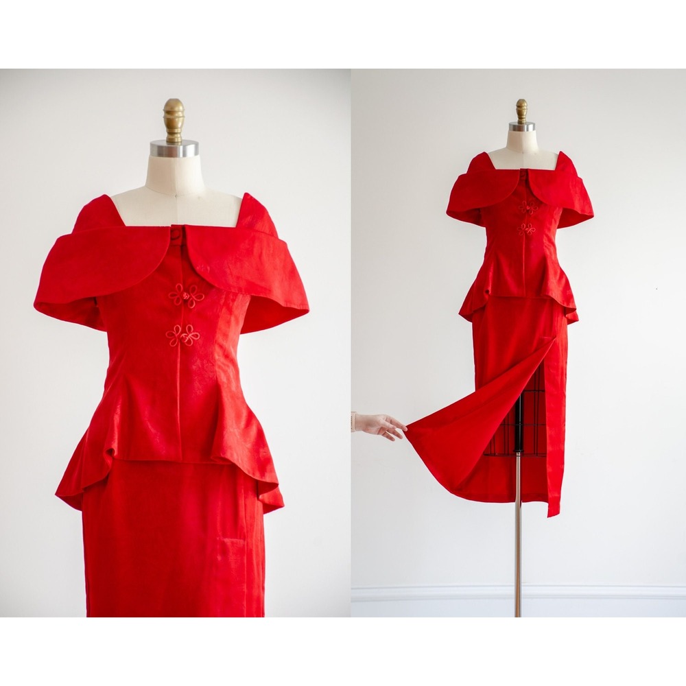 Vintage Peplum Pencil Skirt Set 90s Cocktail Dress XS Red High Slit Off Shoulder